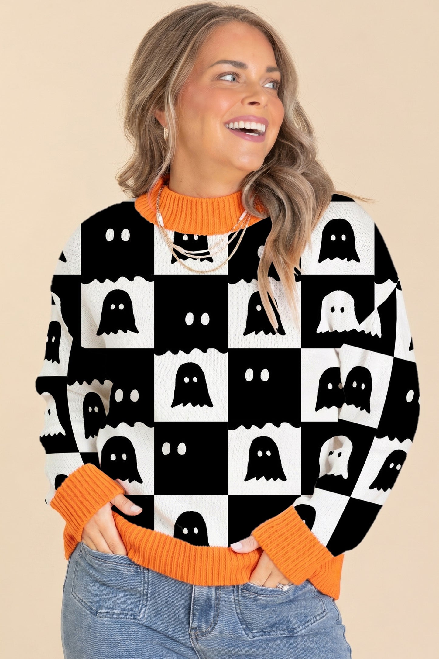 Halloween Ghost Print Checkerboard Knit Sweater