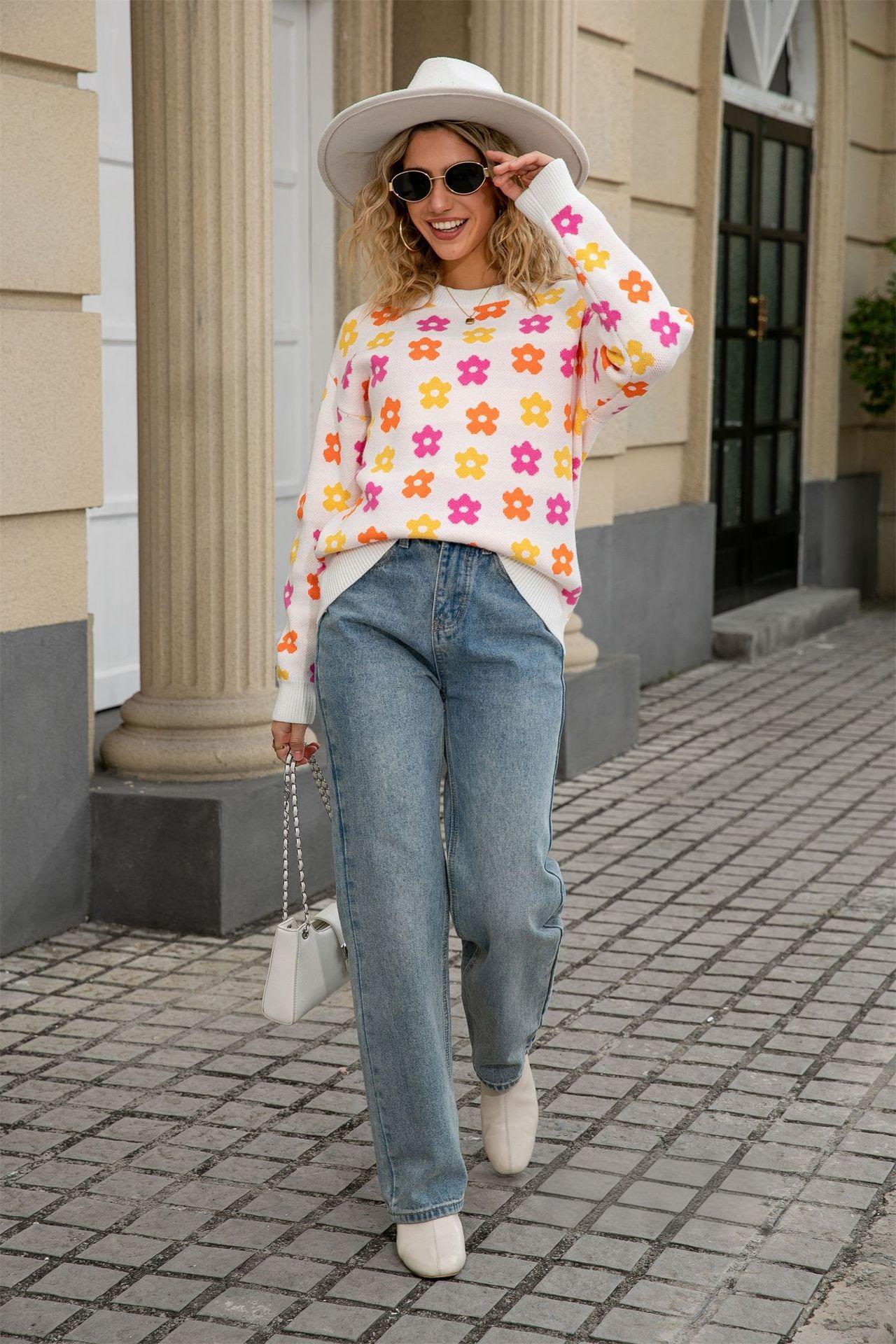 Retro Floral Print Pullover Sweater – Cozy Fall Knit
