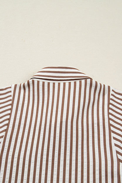 Brown Stripe Knot Waist Puff Sleeve Button Down Shirt Dress