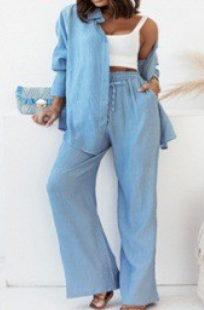 Women's Casual Two Piece Set Button Shirt Wide Leg Pants