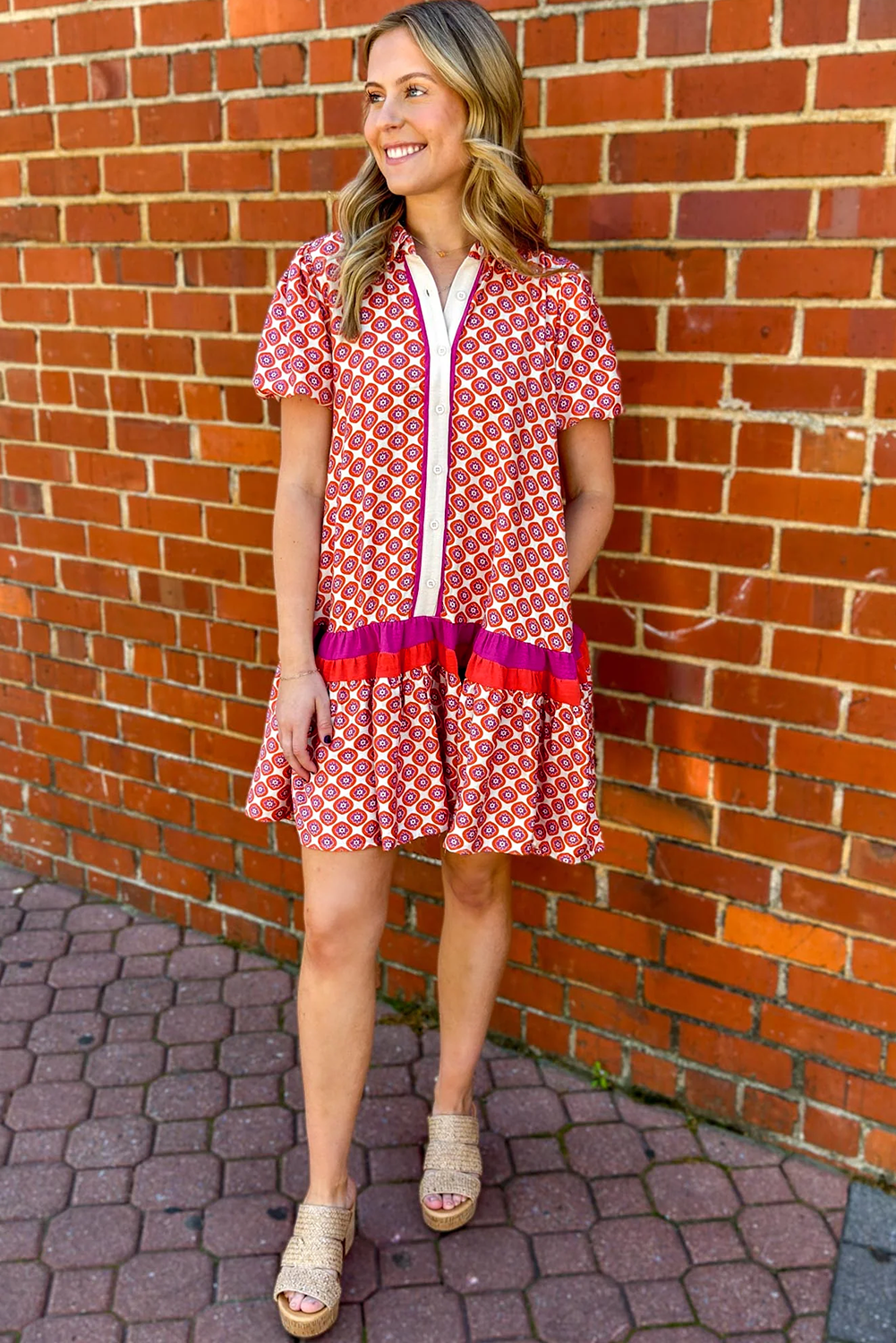 Orange Geometric Print Button Front Ruffle Hem Mini Dress