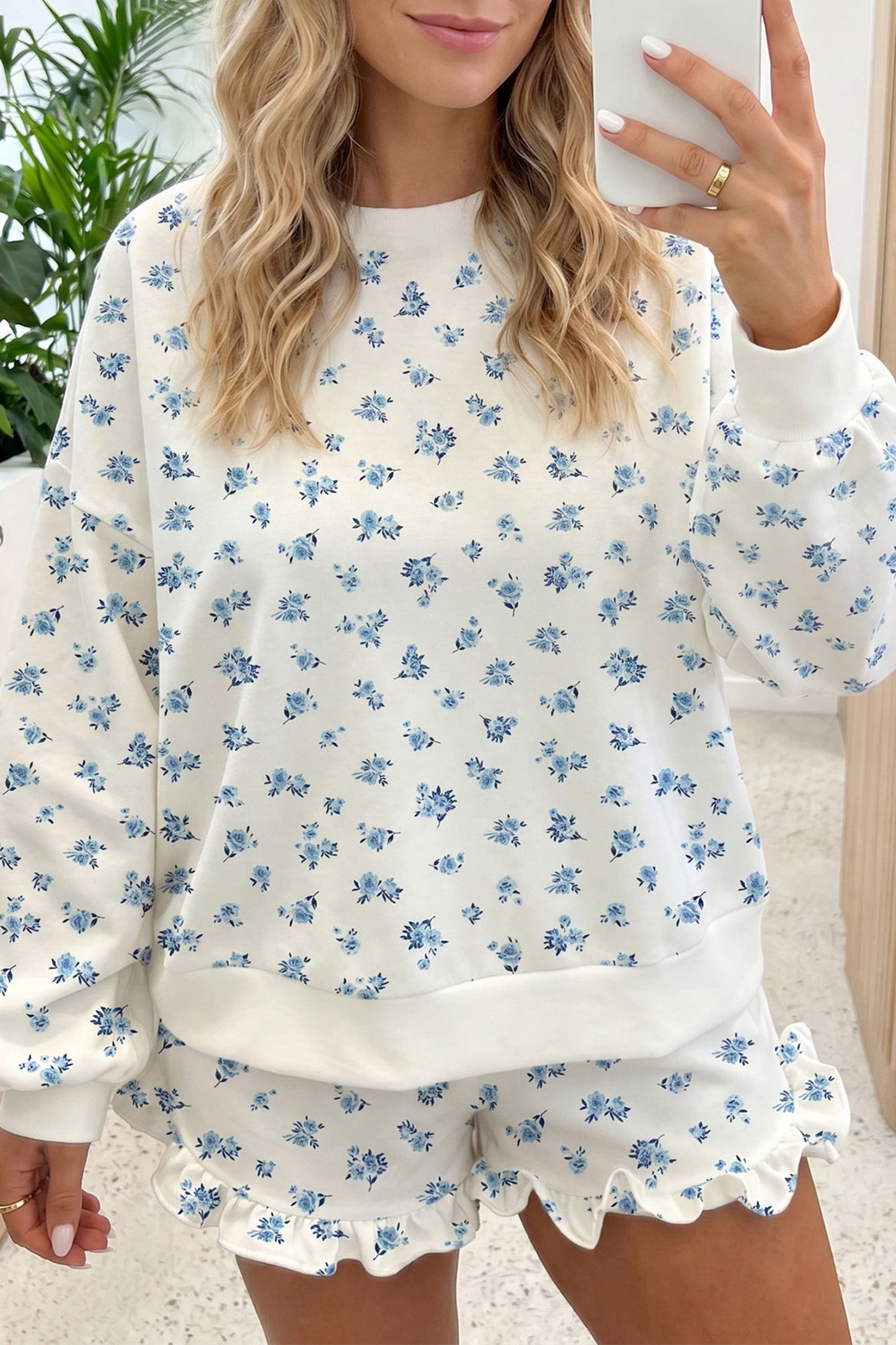 Blue Floral Sweatshirt & Ruffle Shorts 2 Piece Set