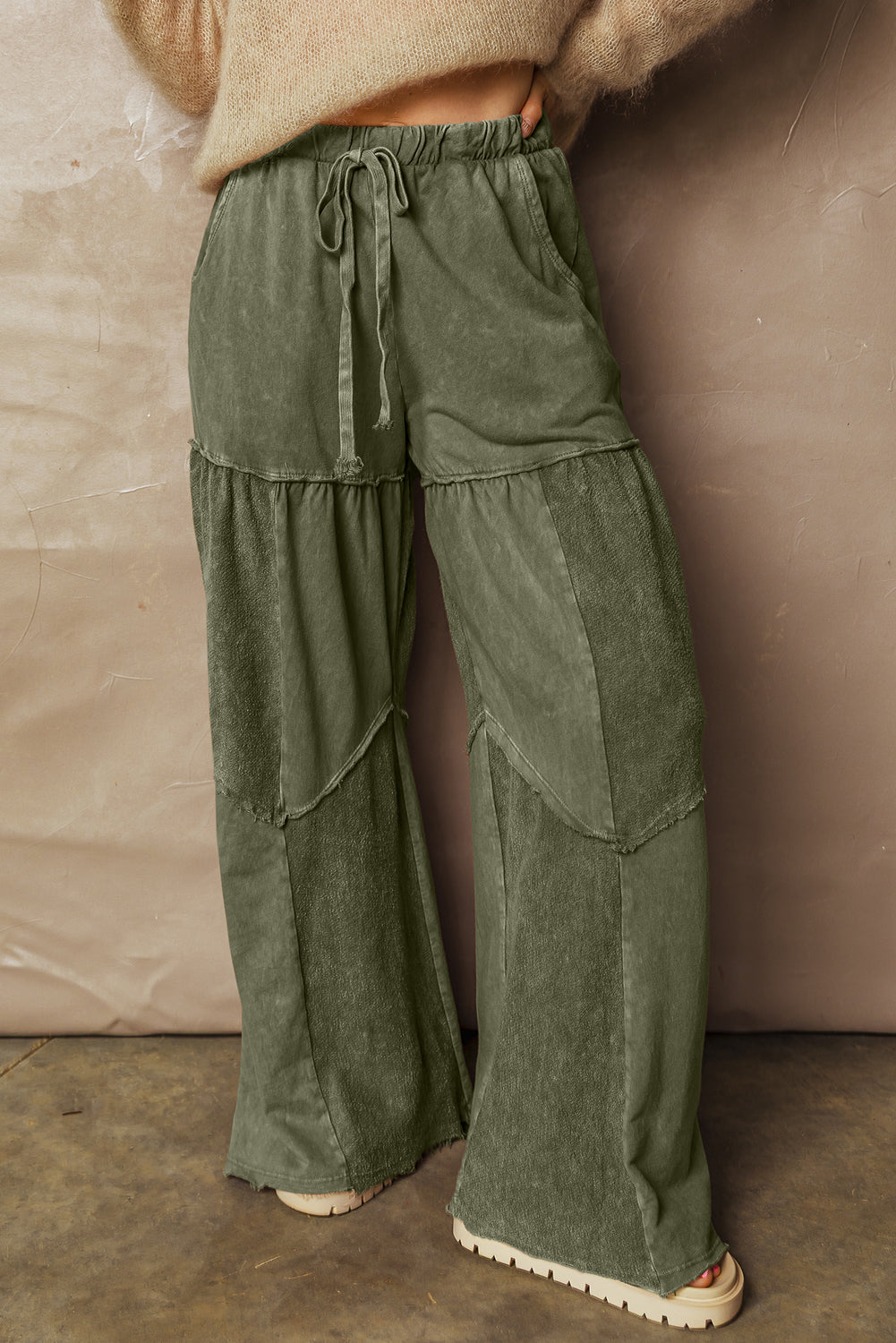 Women's Black Mineral Wash Wide Leg Patchwork Pants