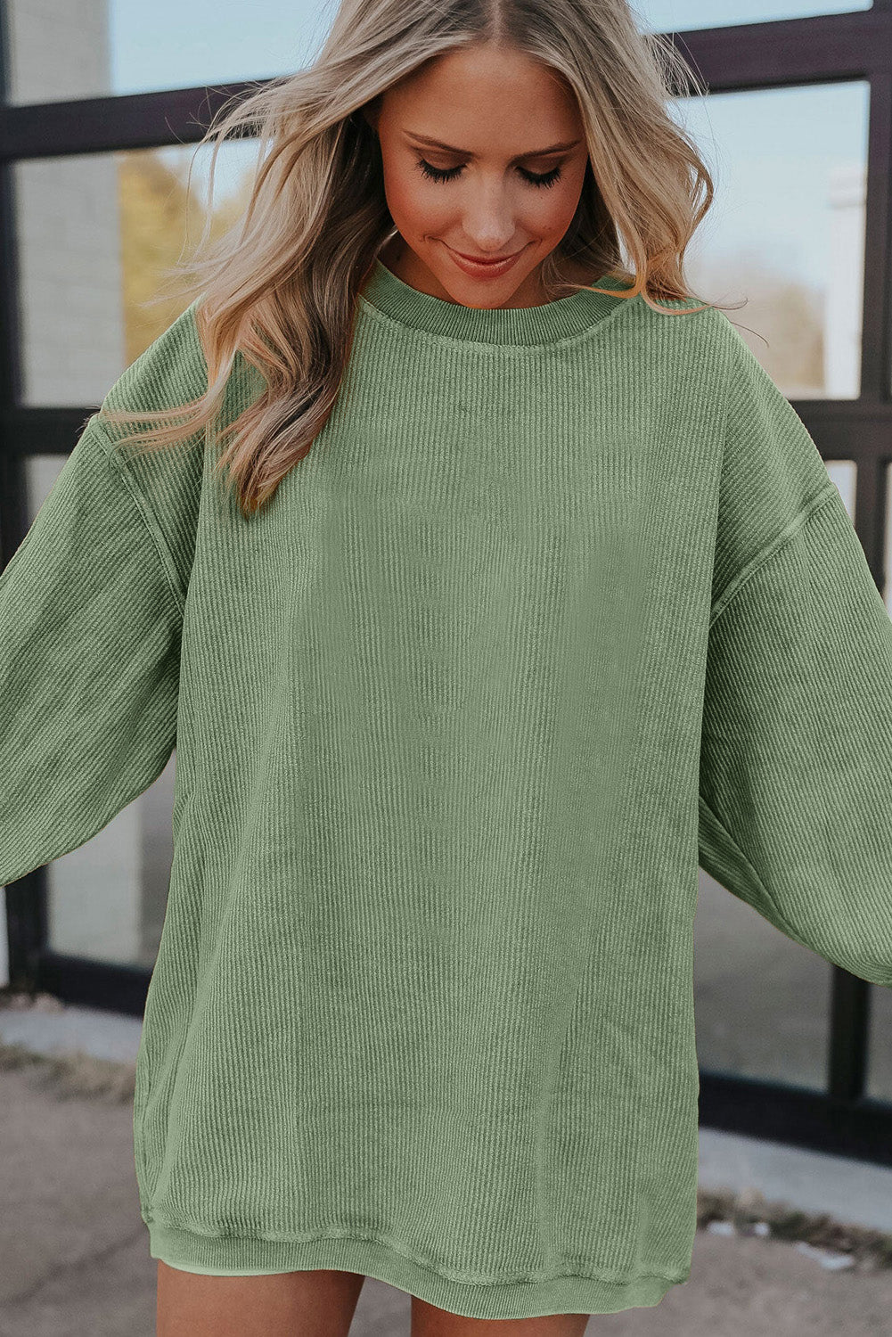 Black Ribbed Corduroy Oversized Pullover Sweatshirt