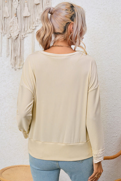 Pink Ribbed Texture Lace Trim V Neck Long Sleeve Top