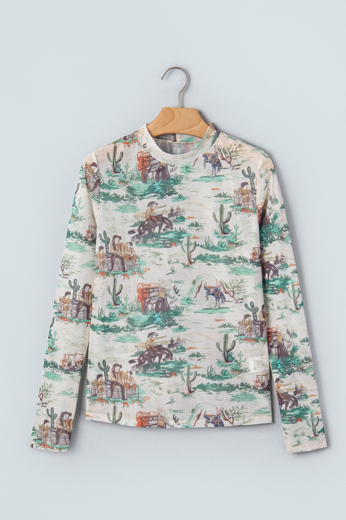 Western Cowboy Print Mock Neck Long Sleeve Fitted Top