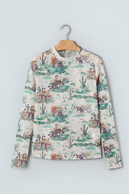 Western Cowboy Print Mock Neck Long Sleeve Fitted Top