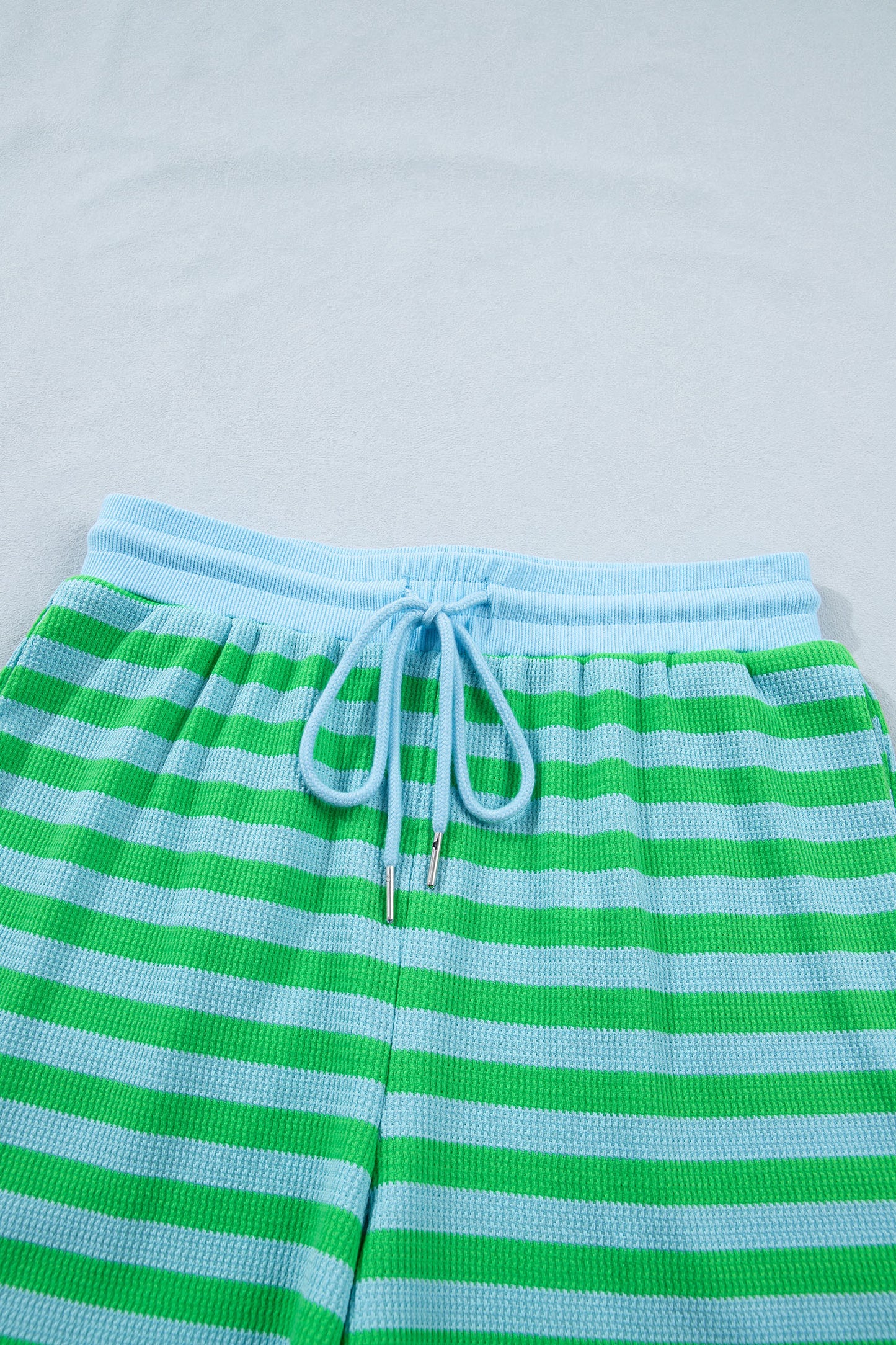 Green Stripe Puff Sleeve Lounge Set Drawstring Shorts
