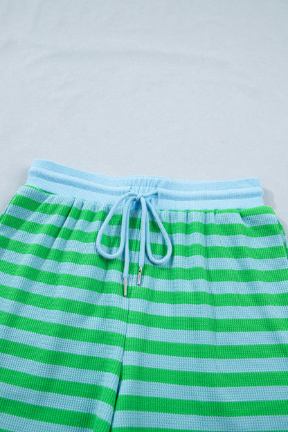 Green Stripe Puff Sleeve Lounge Set Drawstring Shorts