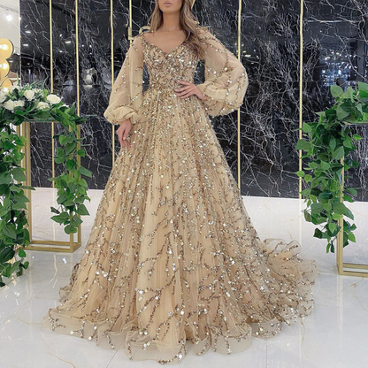 Women's Beaded V-Neck Puff Sleeve Formal Evening Gown