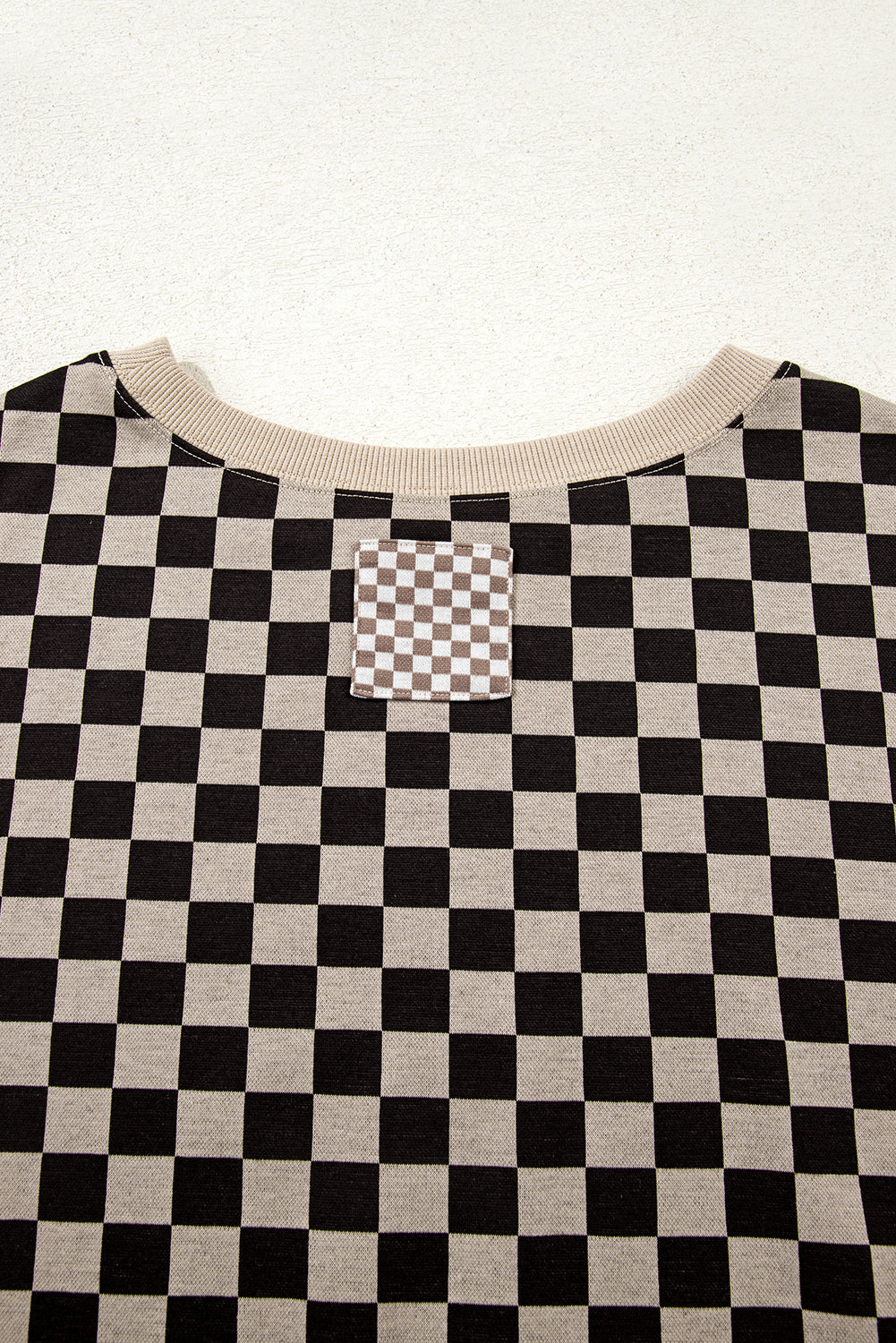 Khaki Checkered Patchwork High Low Round Neck Casual Top
