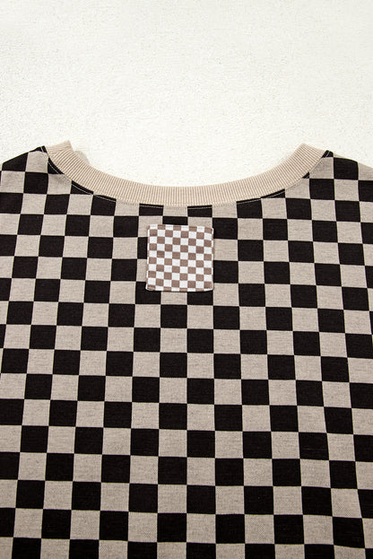 Khaki Checkered Patchwork High Low Round Neck Casual Top