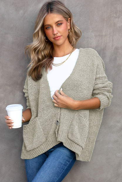 Gray Buttons Front Pocketed Sweater Cardigan