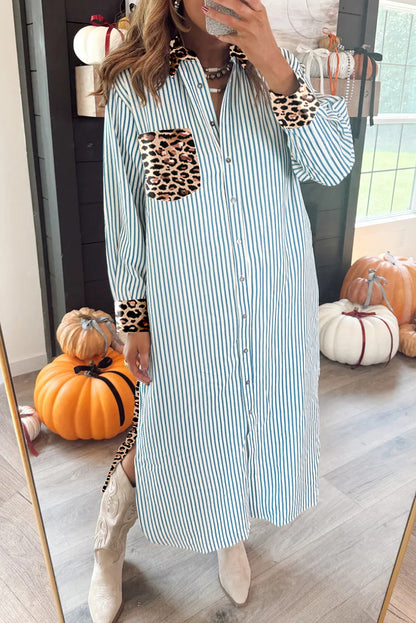 Brown Stripe Contrast Leopard Patchwork Long Shirt Dress with Slits