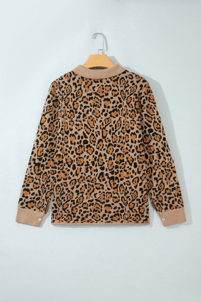 Leopard Print Button Up Knit Cardigan Top