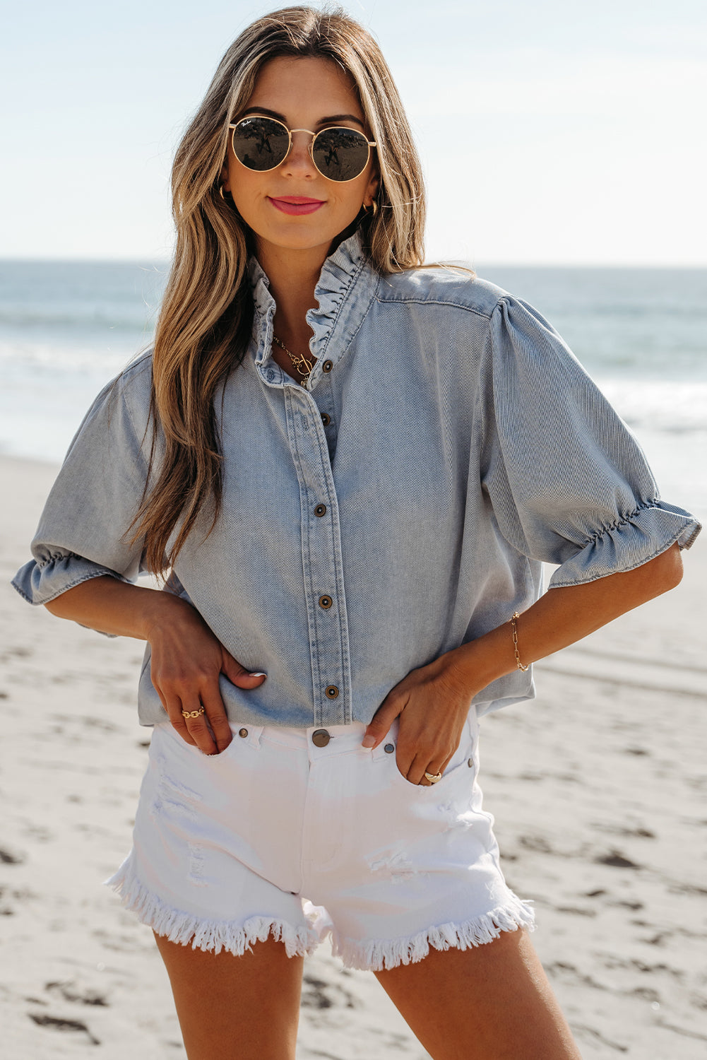 Light Wash Chambray Puff Sleeve Button Up Shirt