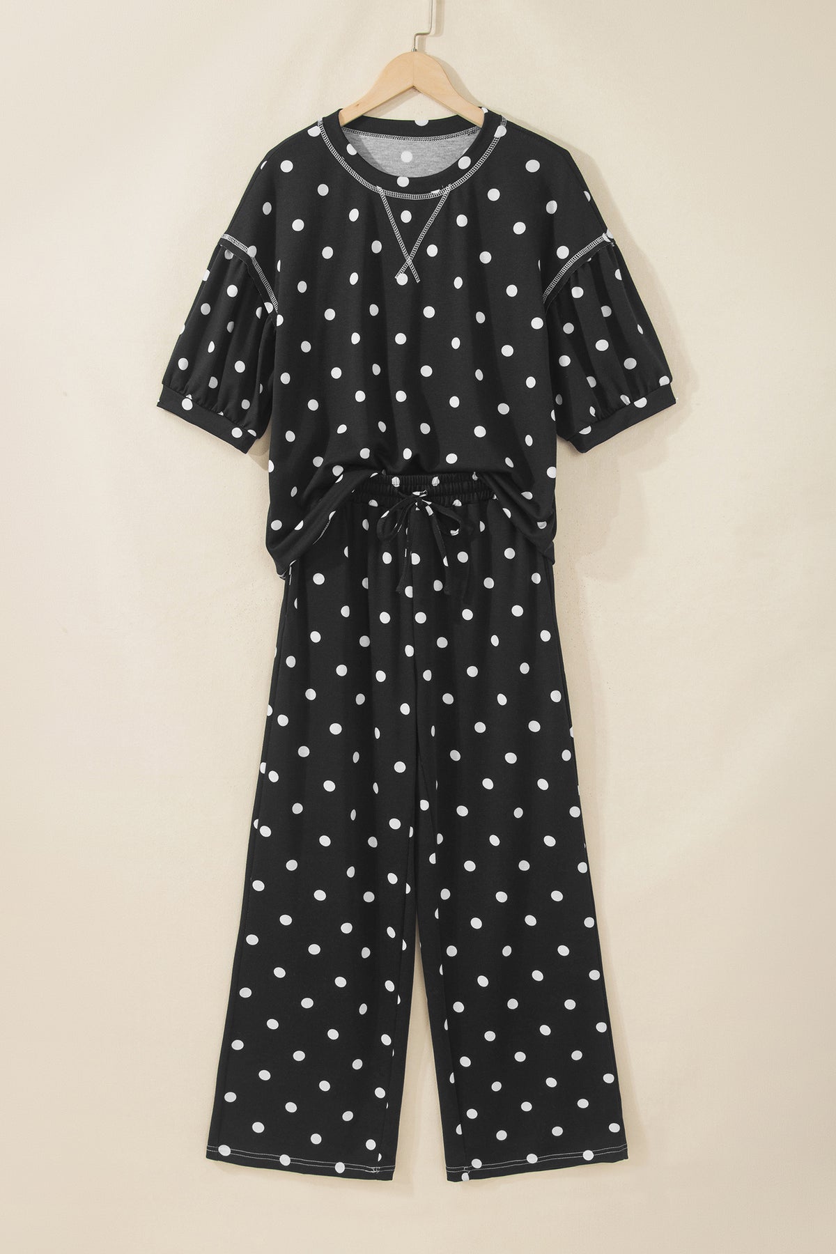 Polka Dot Puff Sleeve Wide Leg Two Piece Pants Set