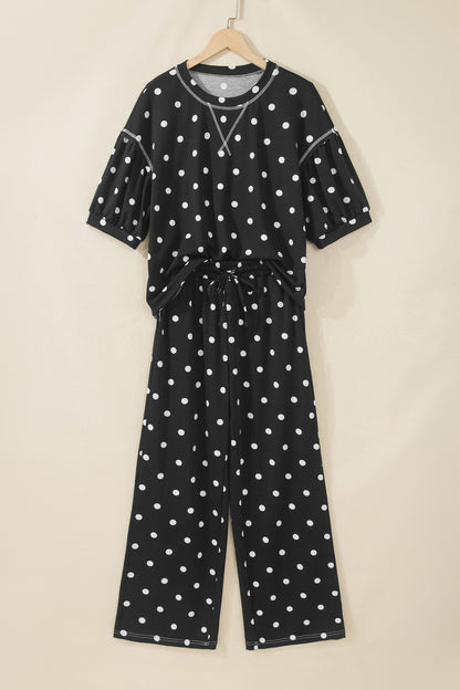 Polka Dot Puff Sleeve Wide Leg Two Piece Pants Set