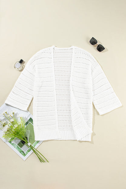 White Pointelle Knit Bracelet Sleeve Open Cardigan