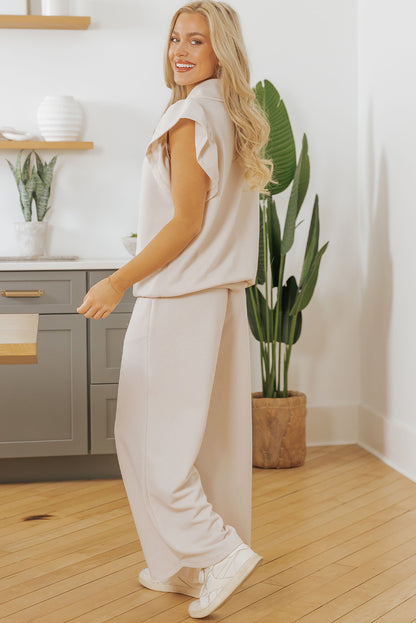 Textured Ruffle Sleeve Solid Color Two-Piece Set