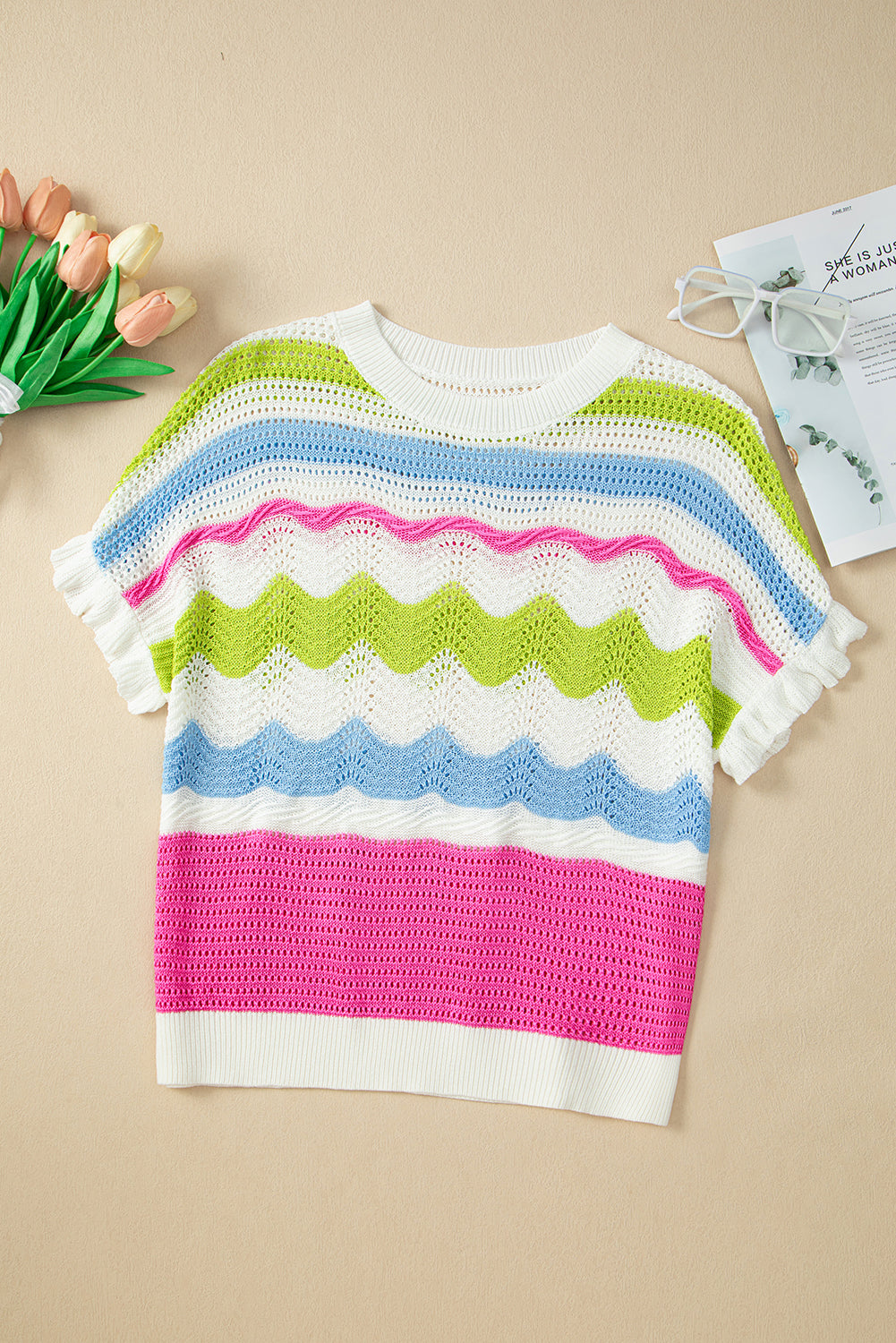 Retro Colorblock Crochet Knit Top with Ruffle Sleeves