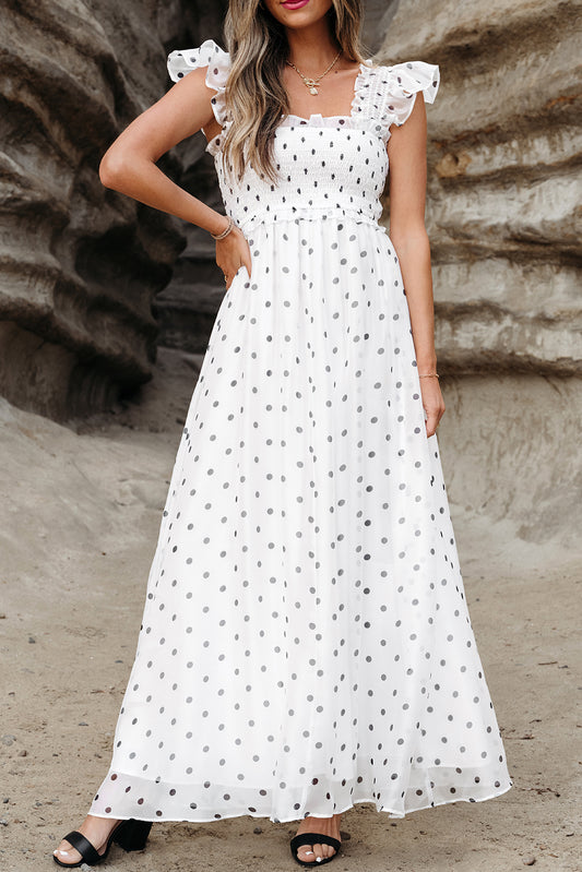 White Polka Dot Smocked Square Neck Flutter Maxi Dress