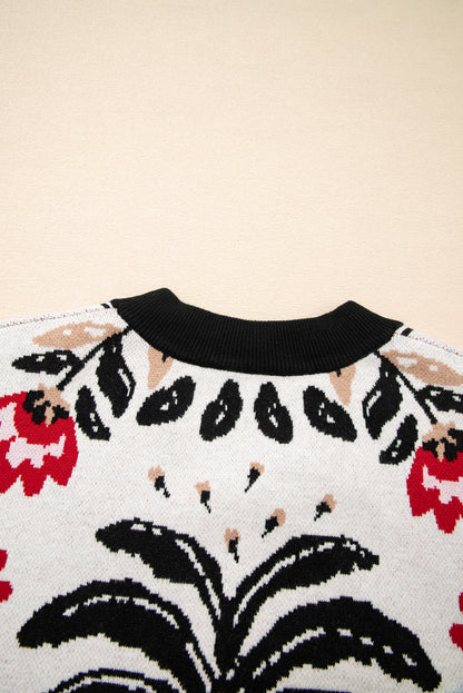 Floral V Neck Button Front Knit Cardigan Sweater