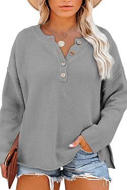 Women's Oversized Sweaters Batwing Long Sleeve Loose V Neck Button Henley Tops Pullover Knit