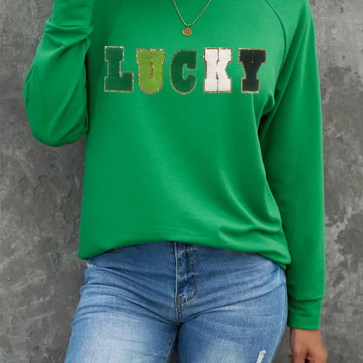 LUCKY Chenille Letter Graphic Sweatshirt – St. Patrick’s Day