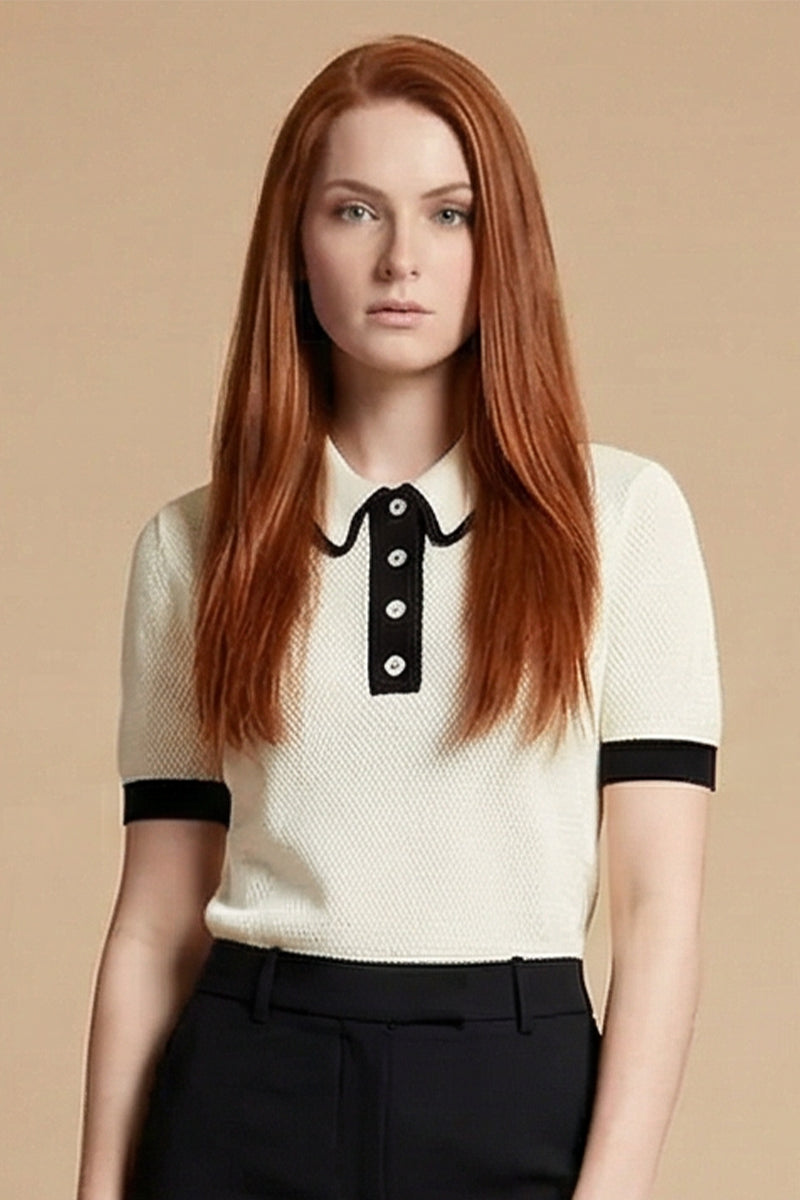 Contrast Trim Short Sleeve Polo Knit Sweater Top