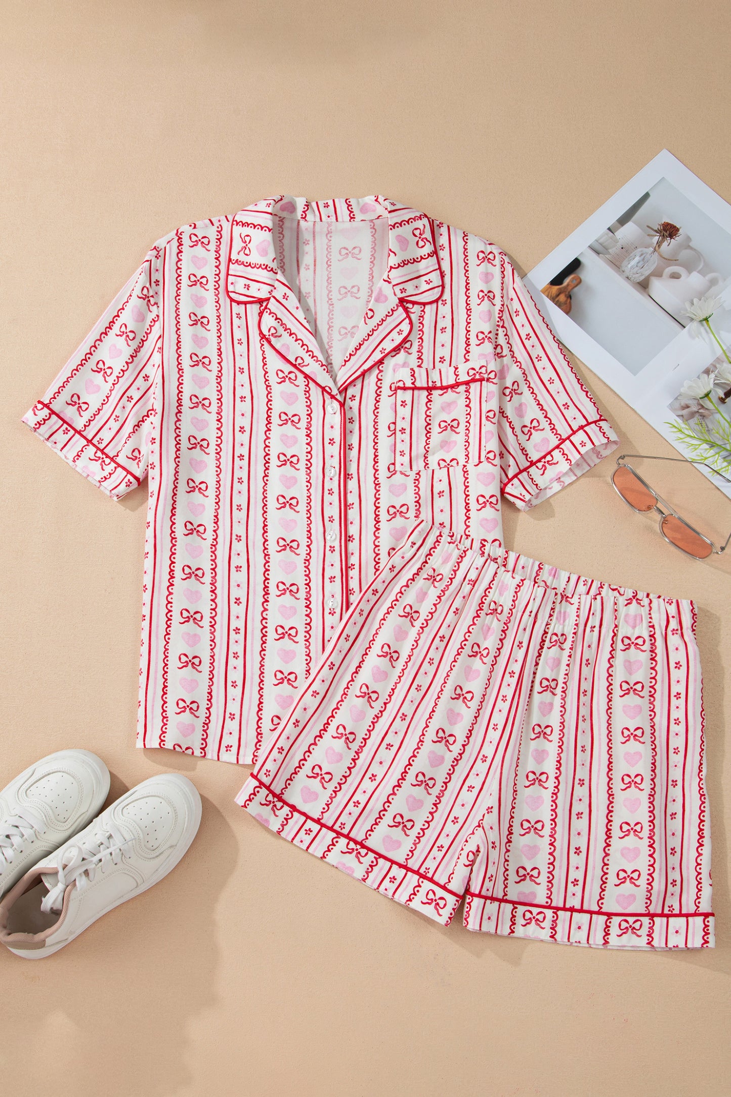 Valentines Heart Bow Print Ribbon Trim 2 Piece Pajama Set