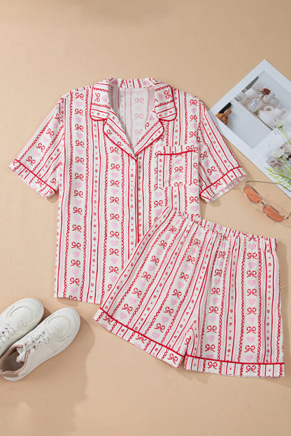 Valentines Heart Bow Print Ribbon Trim 2 Piece Pajama Set
