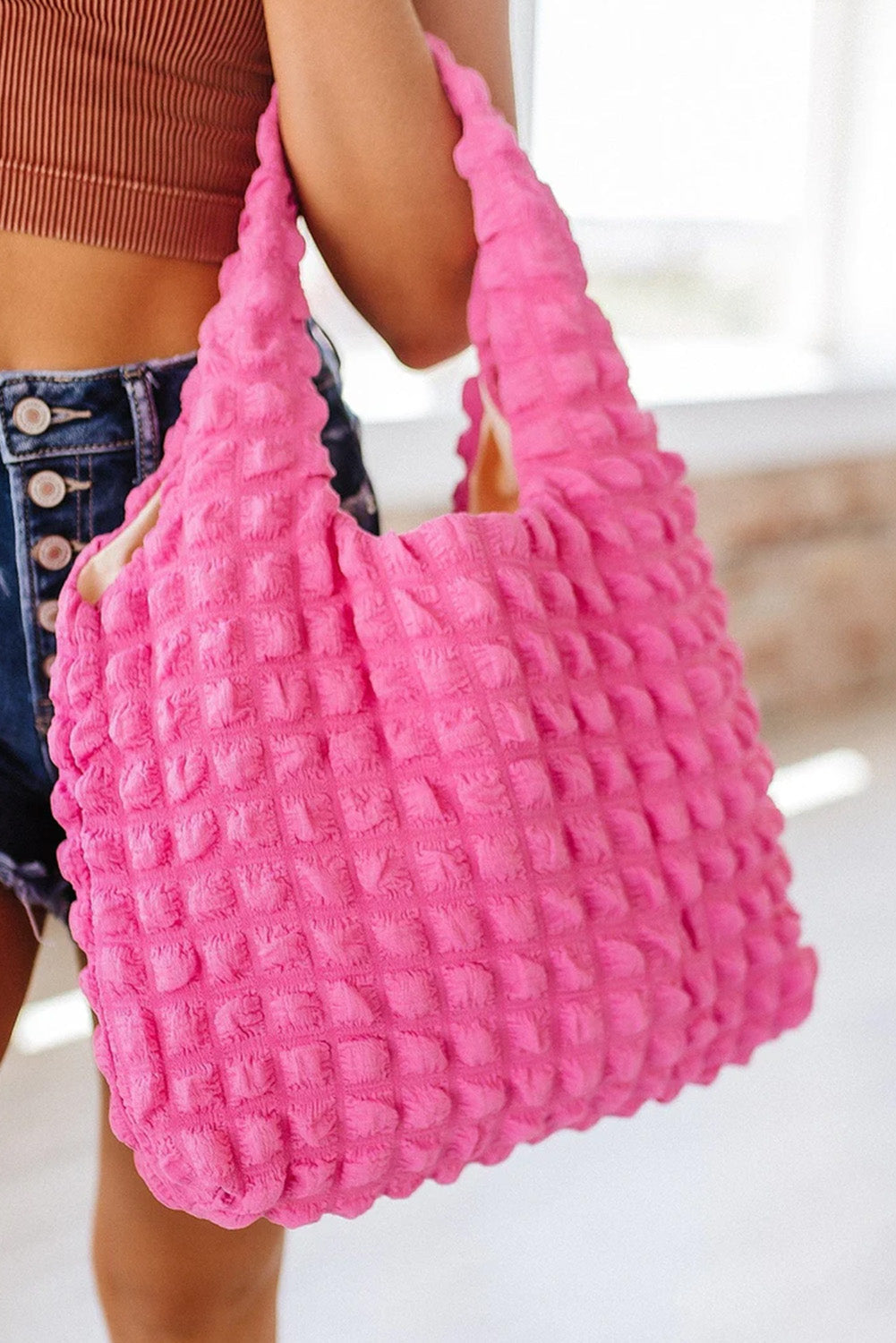 Pink Bubble Textured Knit Shoulder Tote Fashion Handbag