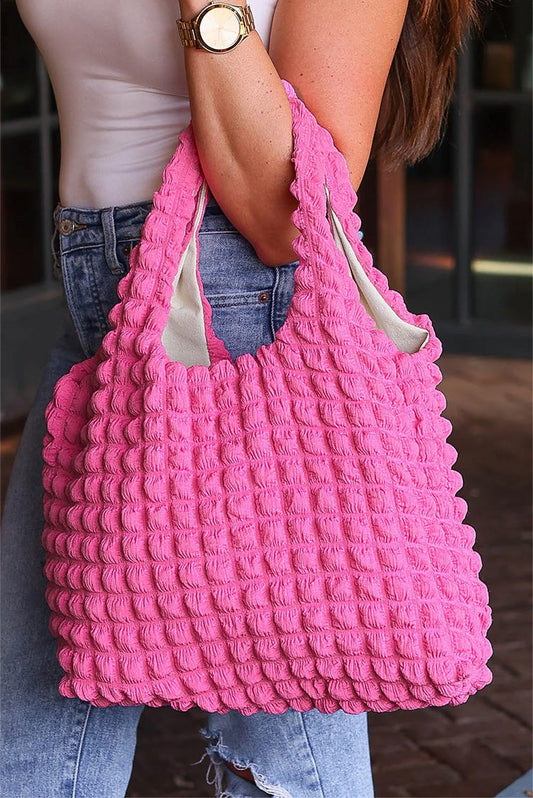 Textured Bubble Knit Shoulder Tote in Rose Pink