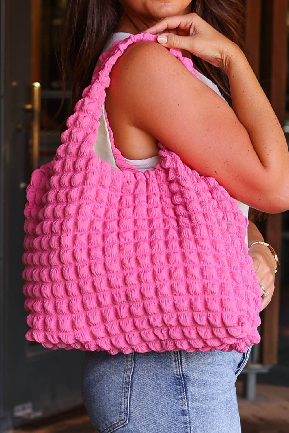 Pink Bubble Textured Knit Shoulder Tote Fashion Handbag