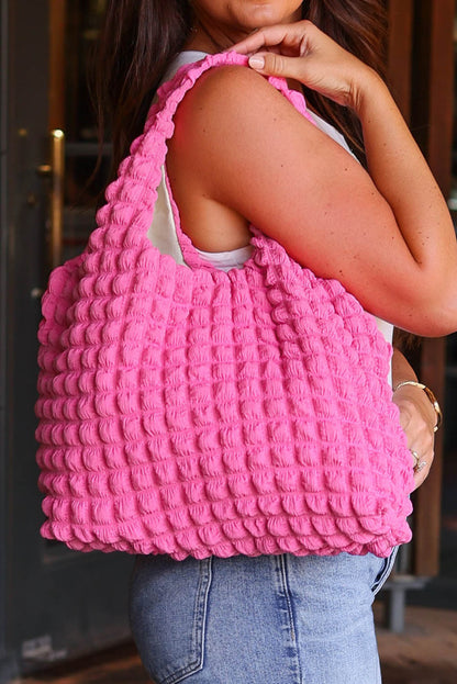 Pink Bubble Textured Knit Shoulder Tote Fashion Handbag