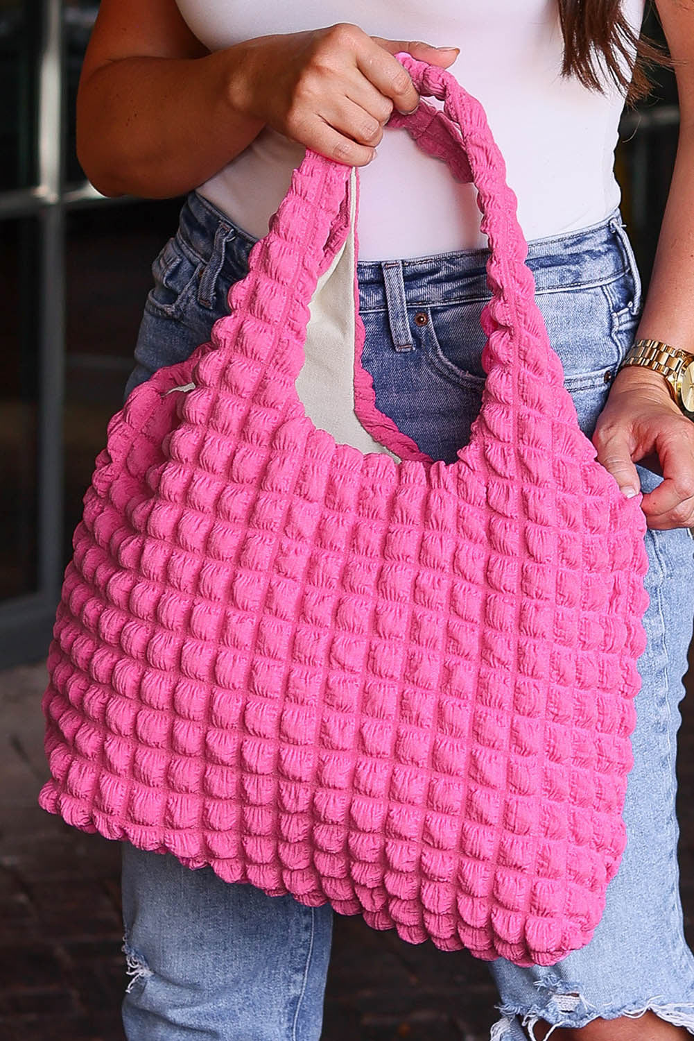 Pink Bubble Textured Knit Shoulder Tote Fashion Handbag