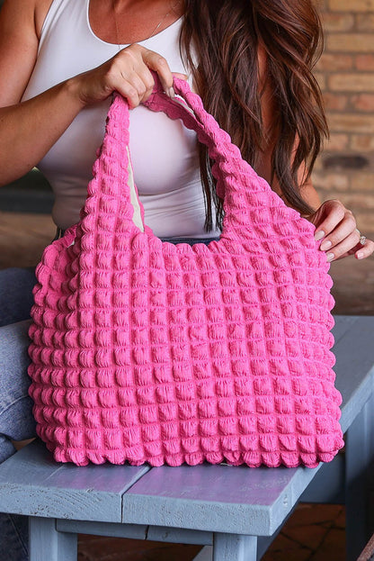 Pink Bubble Textured Knit Shoulder Tote Fashion Handbag
