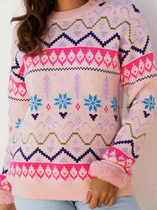 Multicolour Ethnic Christmas Pattern Knit Feather Cuffed Sweater