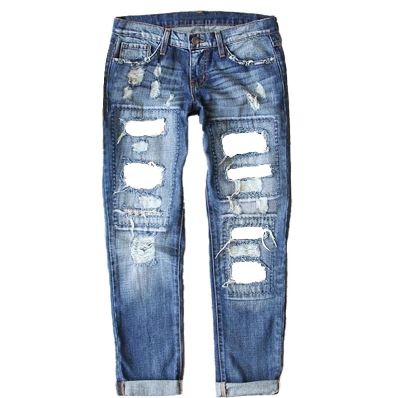 Customizable Distressed Patchwork Ripped Denim Jeans for Women