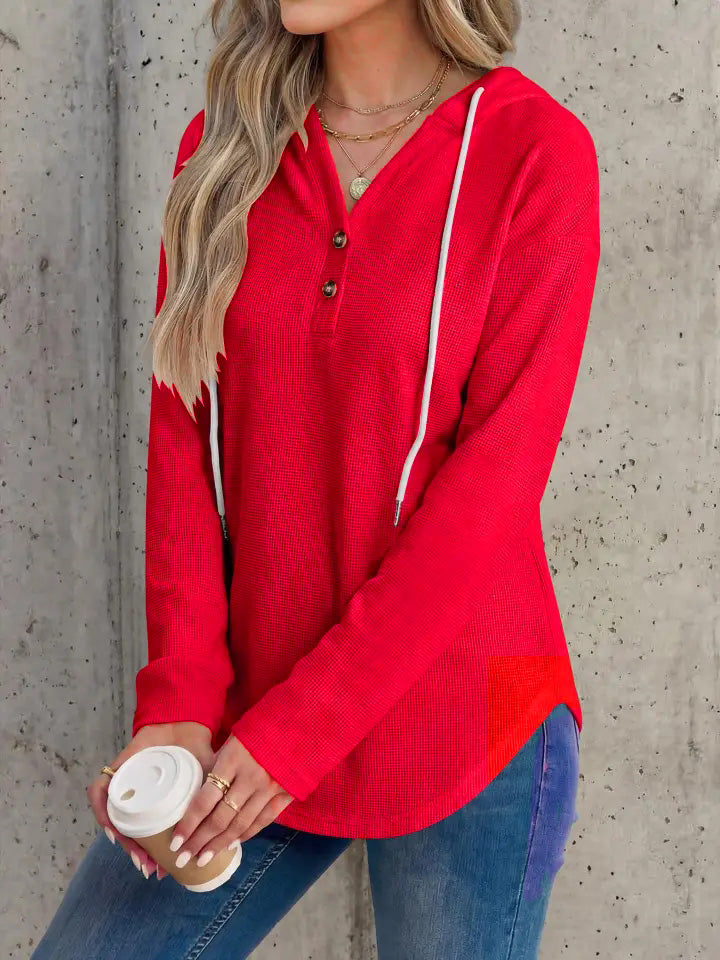 Waffle Knit Hoodie Henley Long Sleeve Casual Top
