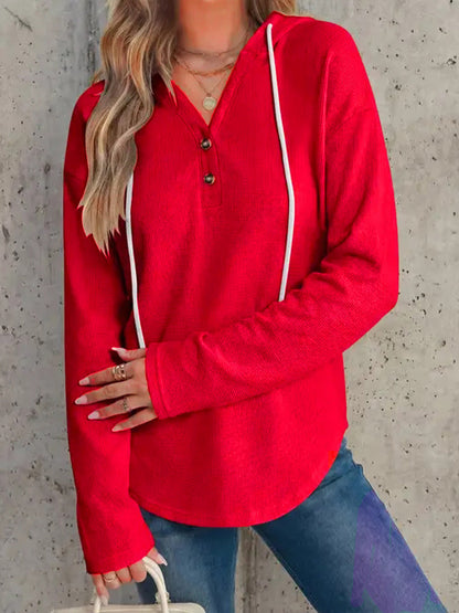 Waffle Knit Hoodie Henley Long Sleeve Casual Top