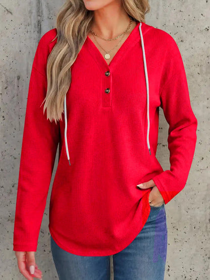 Waffle Knit Hoodie Henley Long Sleeve Casual Top