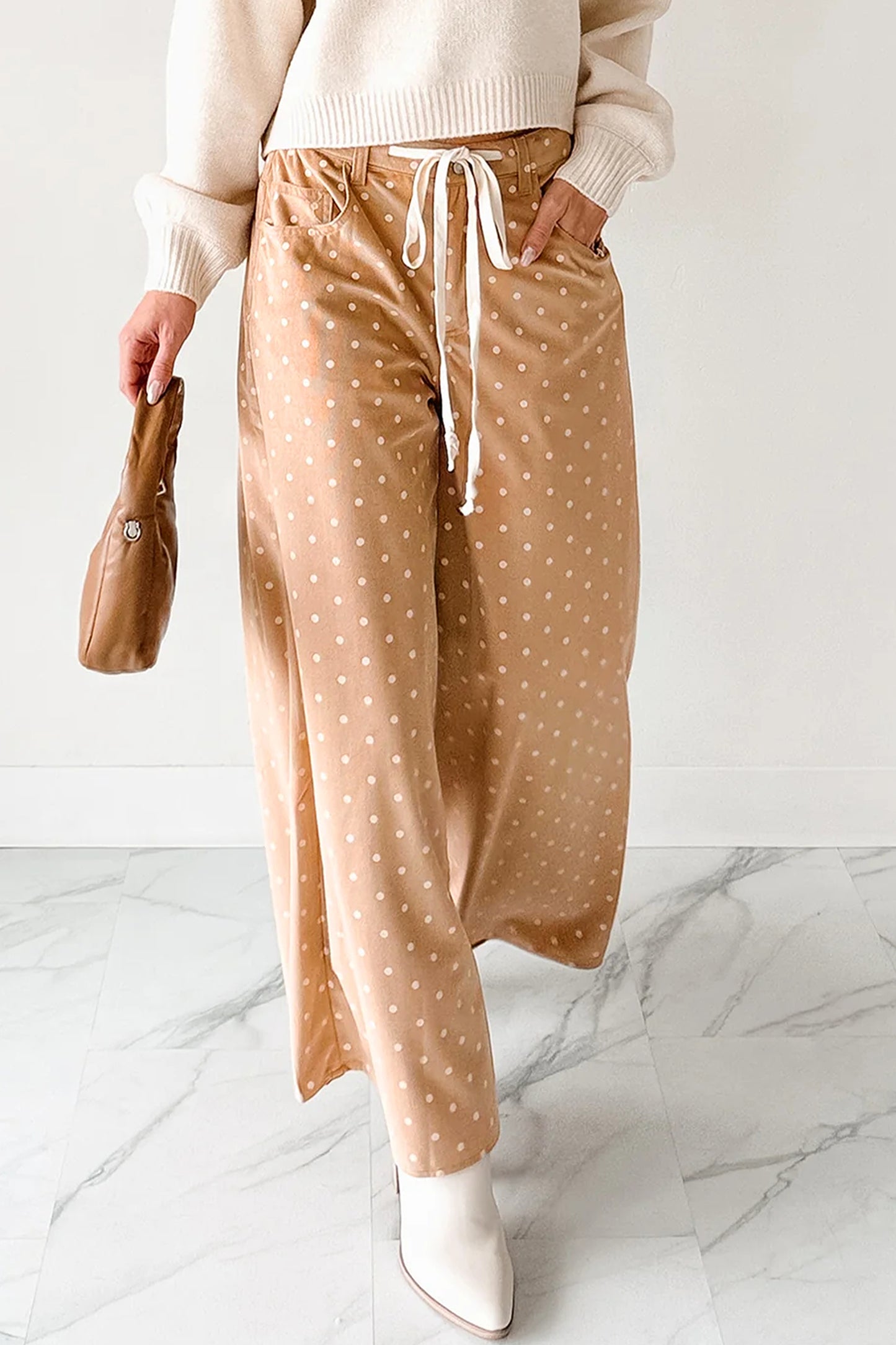 Khaki Polka Dot Drawstring Wide Leg Pants