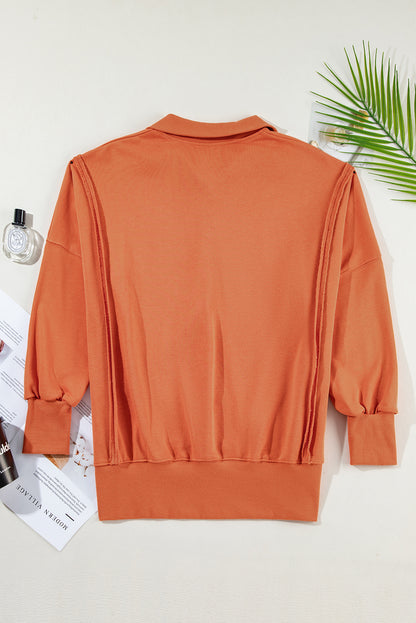 Orange Snap Collar Raw Hem High-Low Sweatshirt with Slits