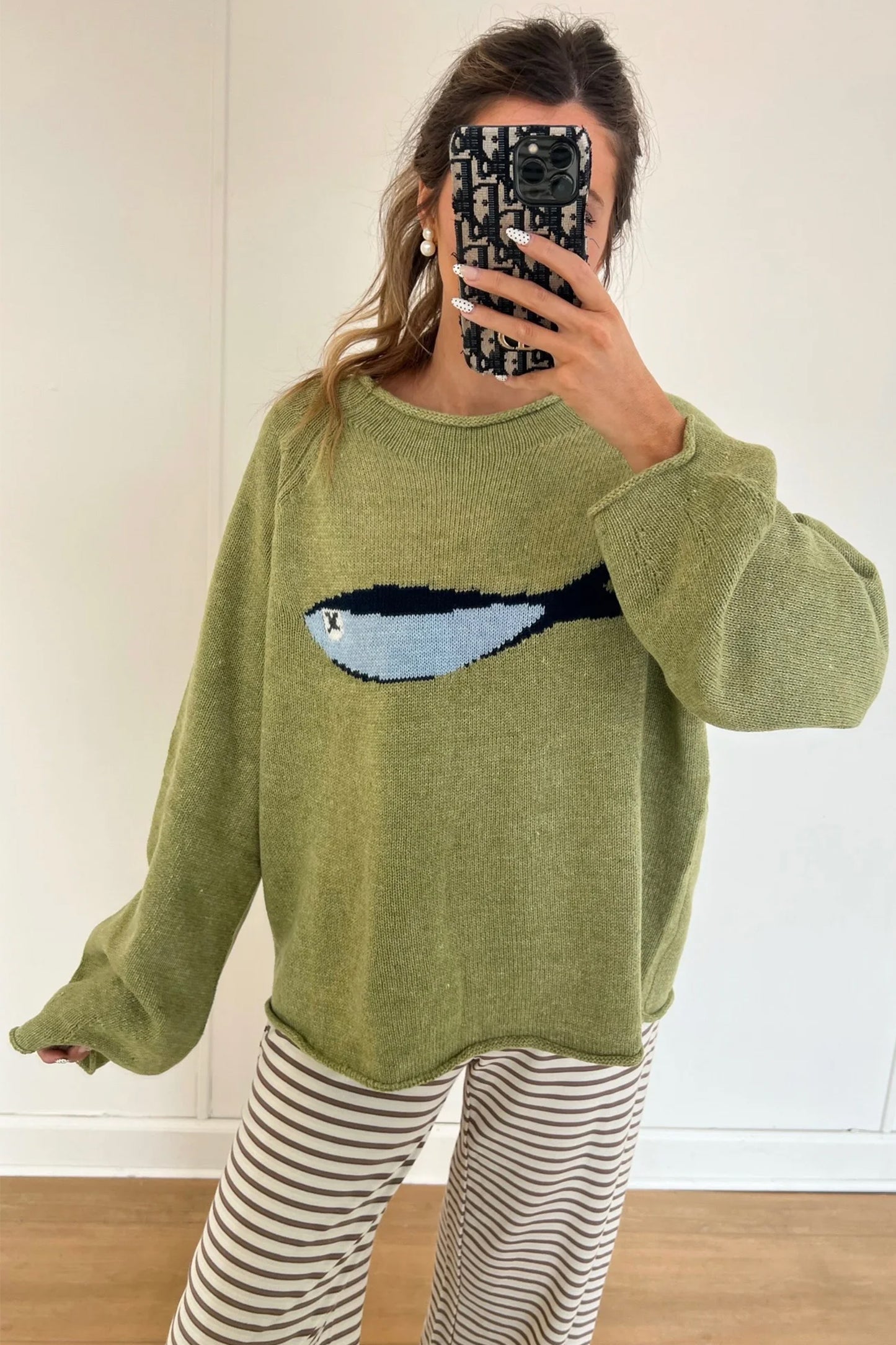 Meadow Mist Green Fish Graphic Oversized Knit Sweater