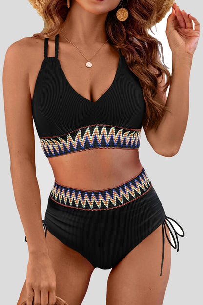Bright Pink Ribbed Knit Tribal Contrast Detail 2pcs High Waist Swimsuit