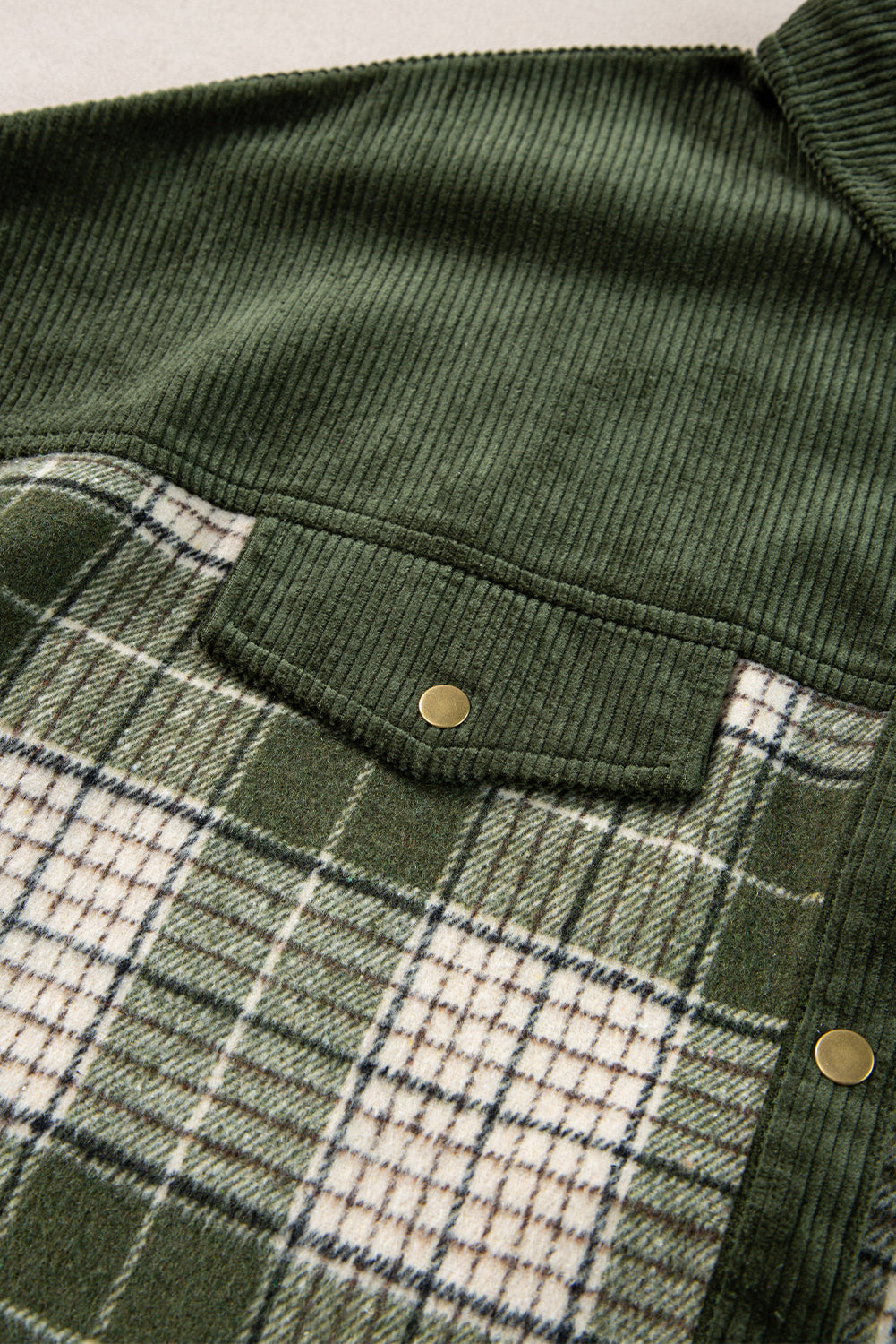 Blackish Green Snap Button Plaid Shacket with Corduroy Patchwork