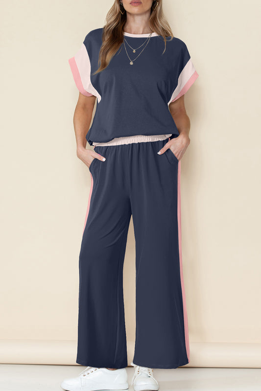 Navy Color Block Lounge Set Wide Leg Pants 2 Piece