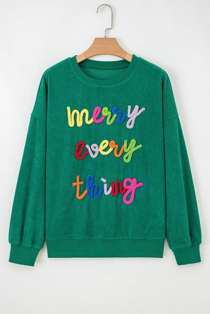 merry little thing Corded Letter Graphic Ribbed Loose Sweatshirt